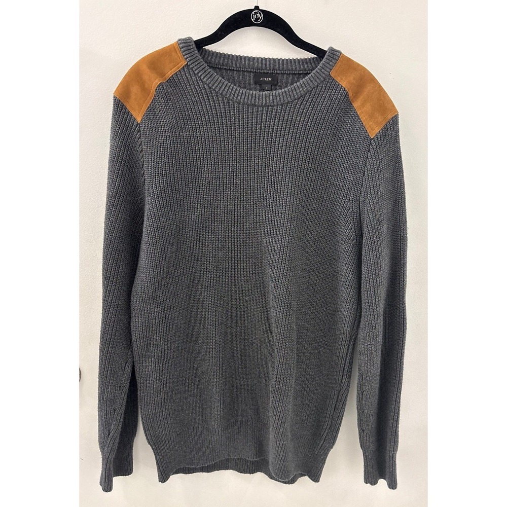 J. Crew Men's Crew Neck Cotton Dark Gray Suede Shoulder Patches Sweater Size L